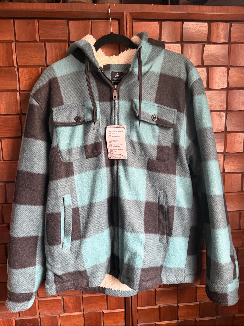 Sherpa-Lined Plaid Hoodie Jacket in Turquoise, Black & Charcoal